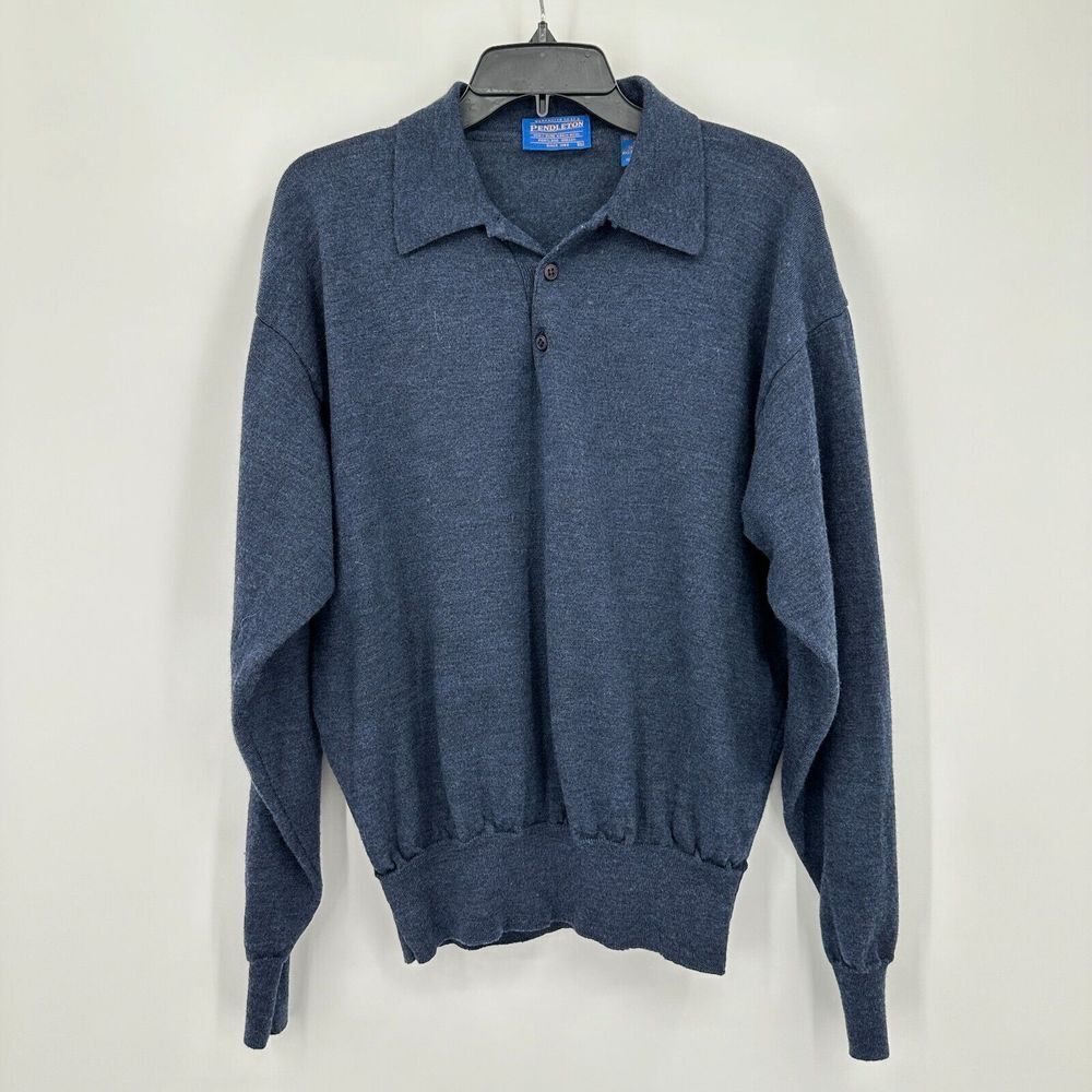 Vintage Pendleton Sweater‎ Mens XL Blue Merino Wool Ribbed Knit Collared Flaw